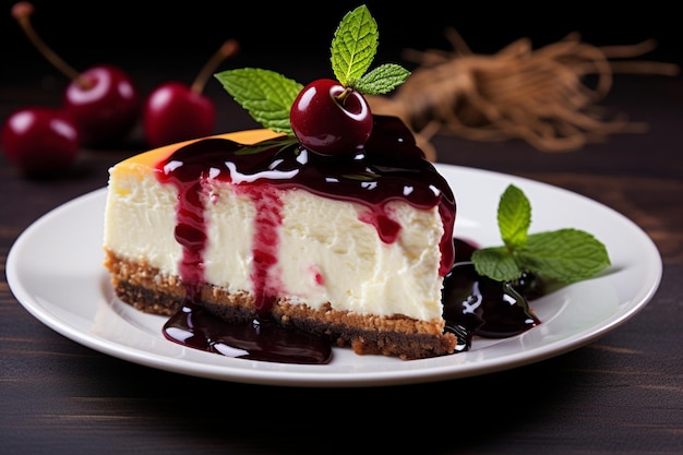 Pastel de queso cremoso con cereza en la tapa de la panadería clásica