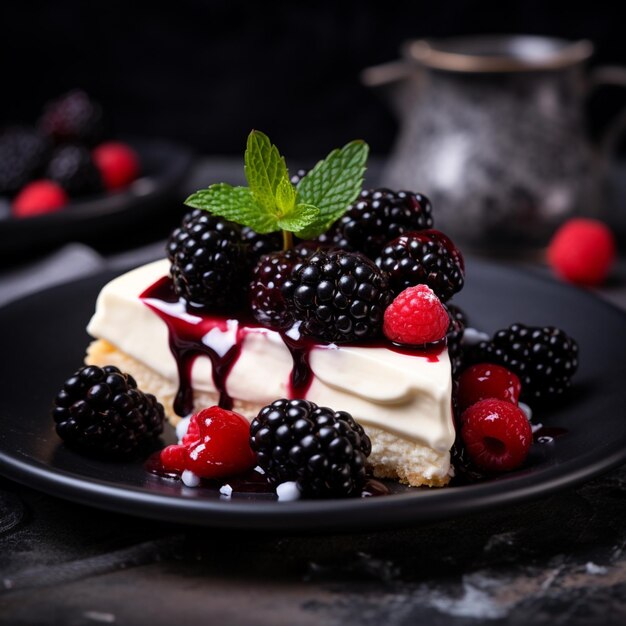 Pastel de queso dulce con bayas frescas en una placa de cerámica negra sobre la mesa blanca
