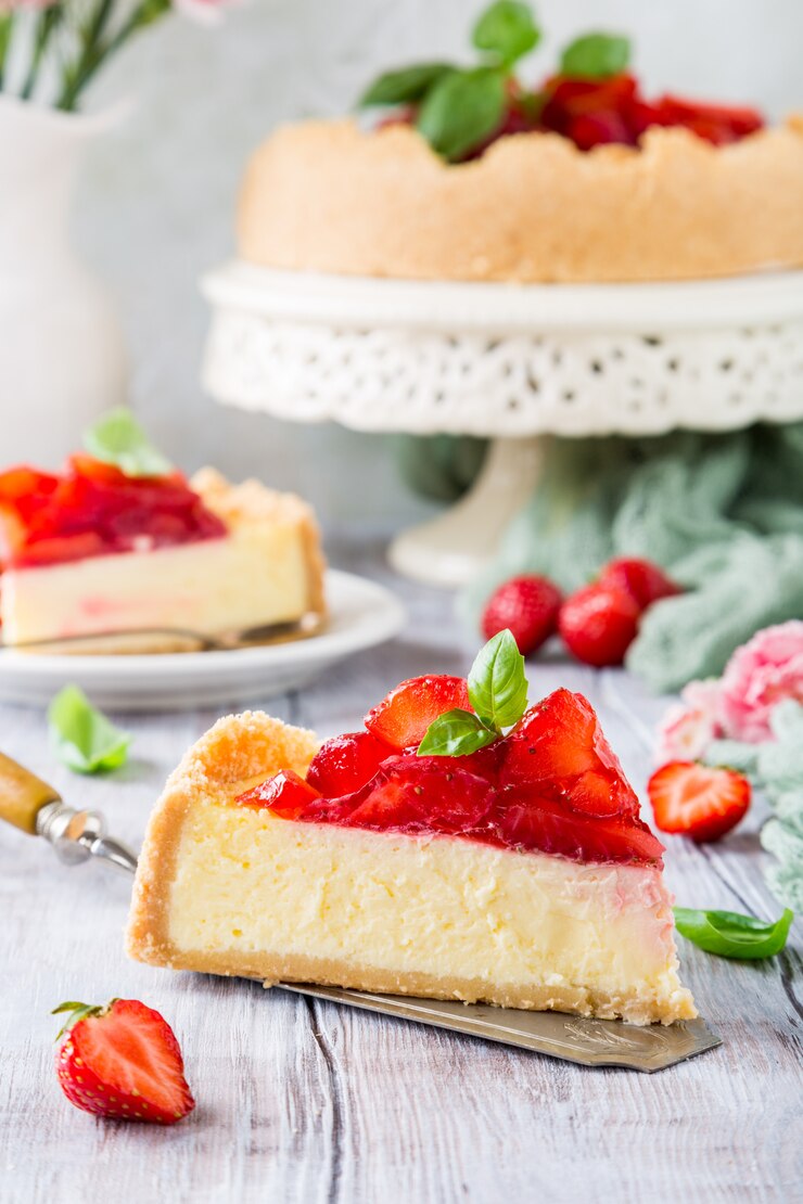Pastel de queso y flores de fresa