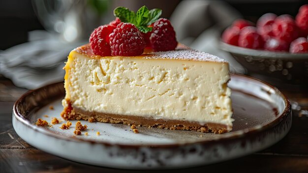 un pastel de queso con frambuesas en él se sienta en un plato con una cuchara