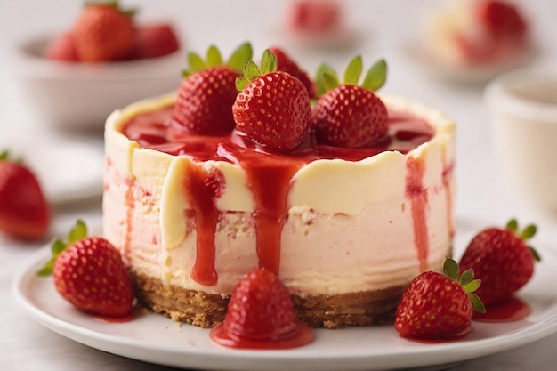 Pastel de queso de fresas con fresas frescas sobre un fondo blanco