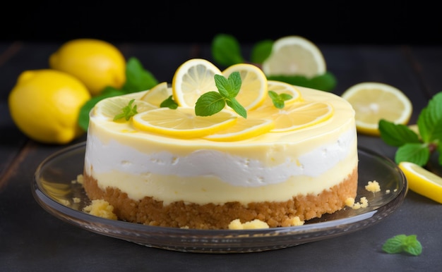 Pastel de queso de limón entero con rebanadas de limón y hojas de menta frescas en la parte superior en un plato de vidrio transparente