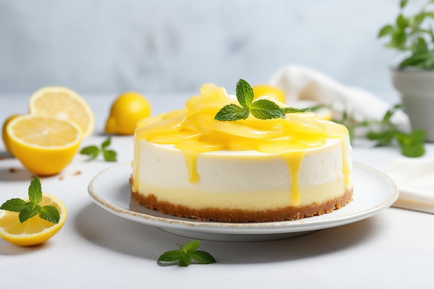 Foto pastel de queso de limón en una mesa ligera