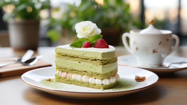 pastel de queso matcha con bayas en la mesa en un restaurante de cafetería