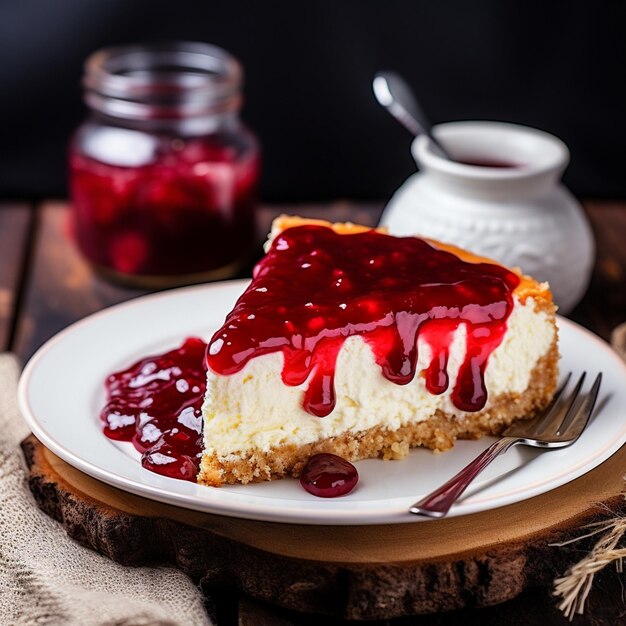 Foto pastel de queso con mermelada en la mesa