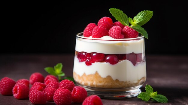 Pastel de queso de postre de frambuesa mousse en un vaso Espacio de copia AI Generativo