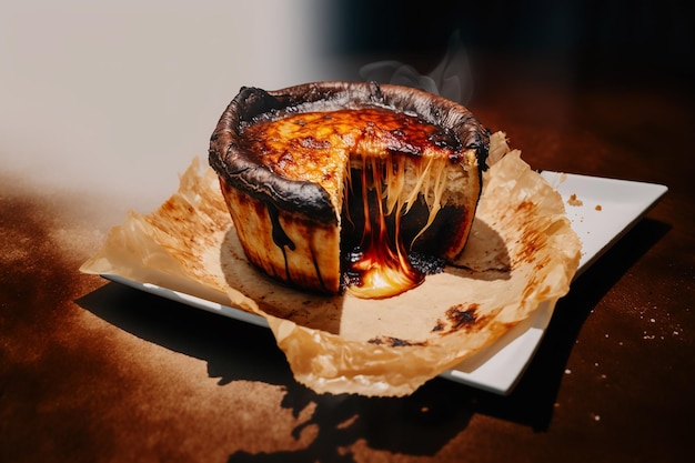 Pastel de queso quemado aislado con fondo borroso