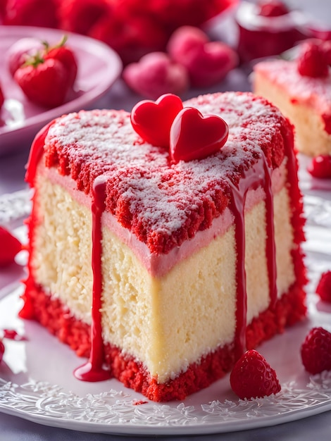 pastel de queso rojo en forma de corazón con rosas bayas y corazones