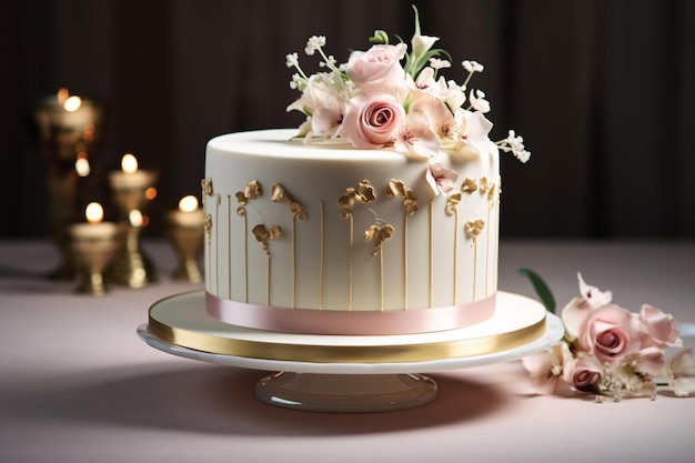 un pastel con rayas de oro y flores en una mesa.