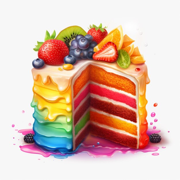 Un pastel con una rebanada cortada con fruta.