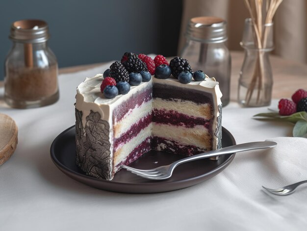 Un pastel con una rebanada cortada