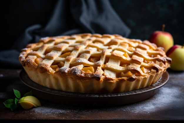 un pastel con una rejilla de corteza de pastel de manzana