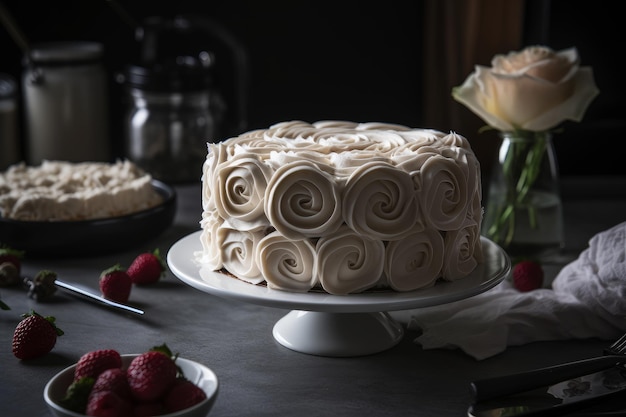 Un pastel con un remolino de glaseado de vainilla encima.