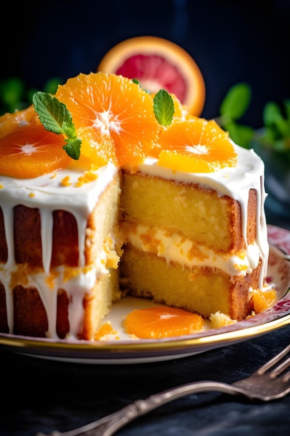 Un pastel con rodajas de naranja y un trozo cortado