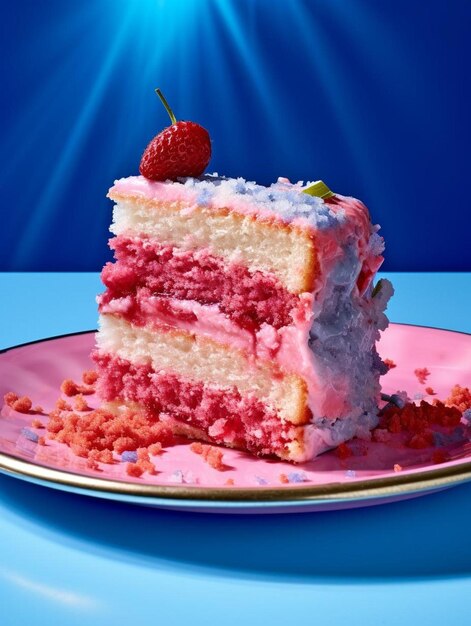 Foto un pastel rosa y blanco está en un plato con una fresa en él.