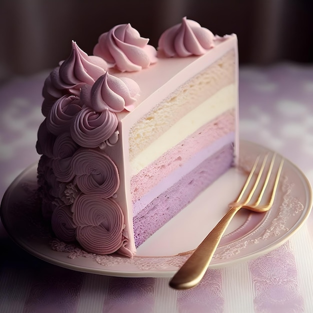 Un pastel rosa con capas rosas y moradas está en un plato.