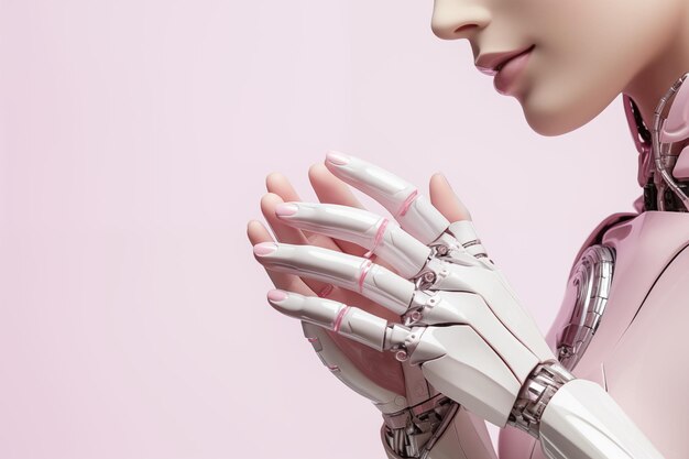 Foto pastel rosa cyborg chica manos manicura uñas tecnología robótica scifi fondo para salón de belleza