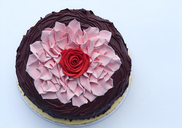 Un pastel con una rosa y una flor rosa en la parte superior.
