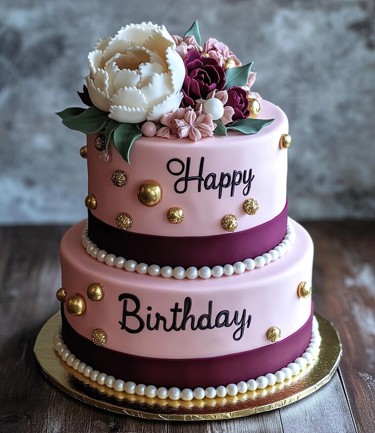 un pastel rosa con flores y la palabra feliz en él