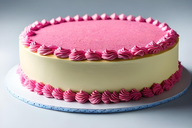 Un pastel rosa con glaseado blanco y glaseado rosa.