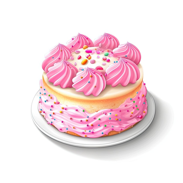 Un pastel rosa con glaseado rosa y chispas encima.