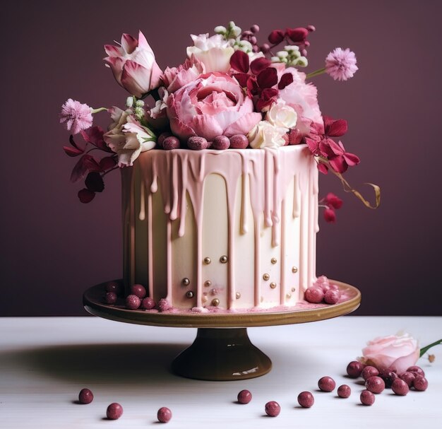 Foto un pastel rosa tiene gotas de flores rosadas