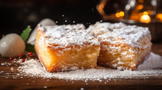 Foto pastel de rubia exquisita delicadeza con un poco de azúcar en polvo