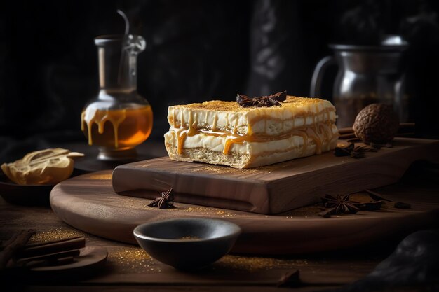 Un pastel con salsa de caramelo y canela sobre una tabla de madera.