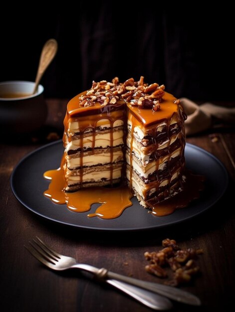 Un pastel con salsa de caramelo en él se sienta en una mesa.