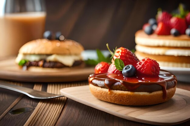 Un pastel con salsa de chocolate y fruta encima