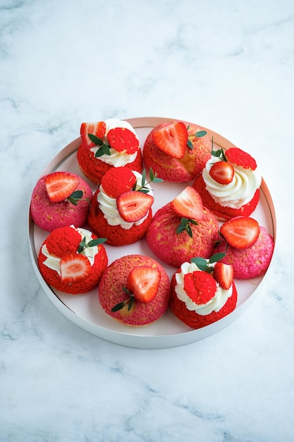 Foto pastel shu relleno de crema de vainilla cremosa con una parte superior crujiente adornada con fresas