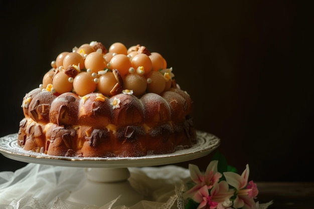 Foto pastel de simnel con bolas de mazapán en forma de apóstol