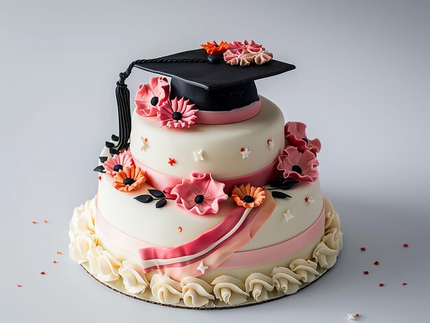 Pastel con sombrero de graduación y flores sobre fondo blanco