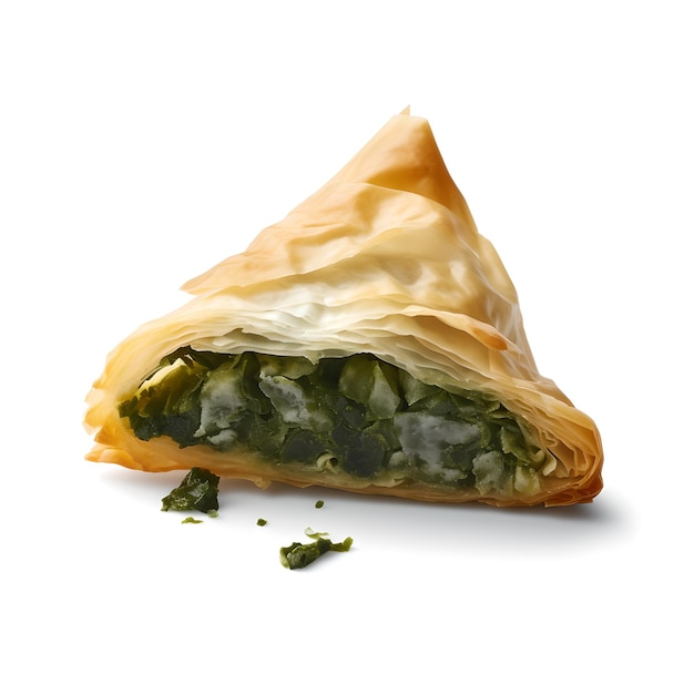 Pastel Spanakopita aislar sobre fondo blanco.