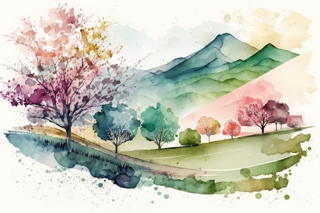 Pastel Spring Hills Aquarela Paisagem