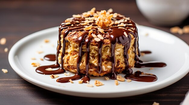 Pastel de taza de avena rociado con chocolate amargo