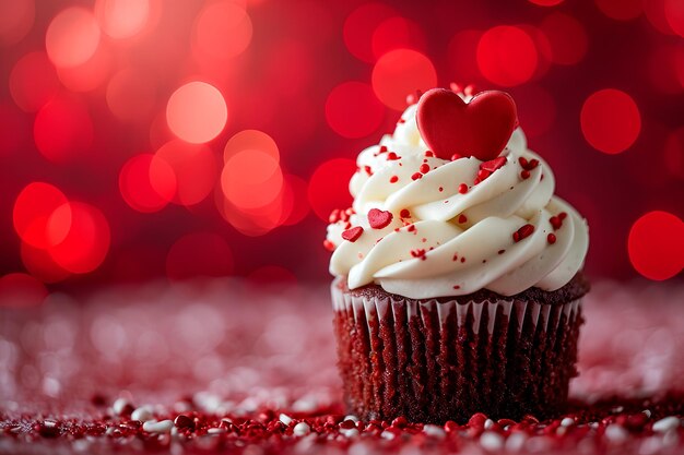 Pastel con tema del corazón para el Día de San Valentín exhibido contra un telón de fondo de bokeh rojo