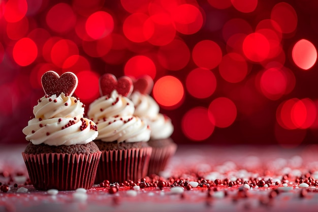 Pastel con tema del corazón para el Día de San Valentín exhibido contra un telón de fondo de bokeh rojo