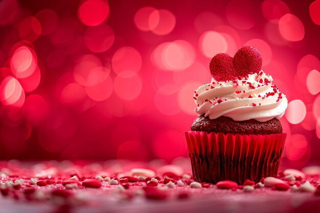 Pastel con tema del corazón para el Día de San Valentín exhibido contra un telón de fondo de bokeh rojo