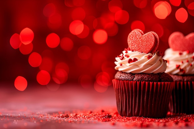 Foto pastel con tema del corazón para el día de san valentín exhibido contra un telón de fondo de bokeh rojo