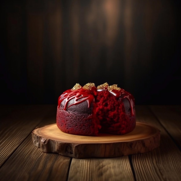 Un pastel de terciopelo rojo con un bocado sacado