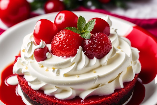 Un pastel de terciopelo rojo con crema batida y cerezas encima