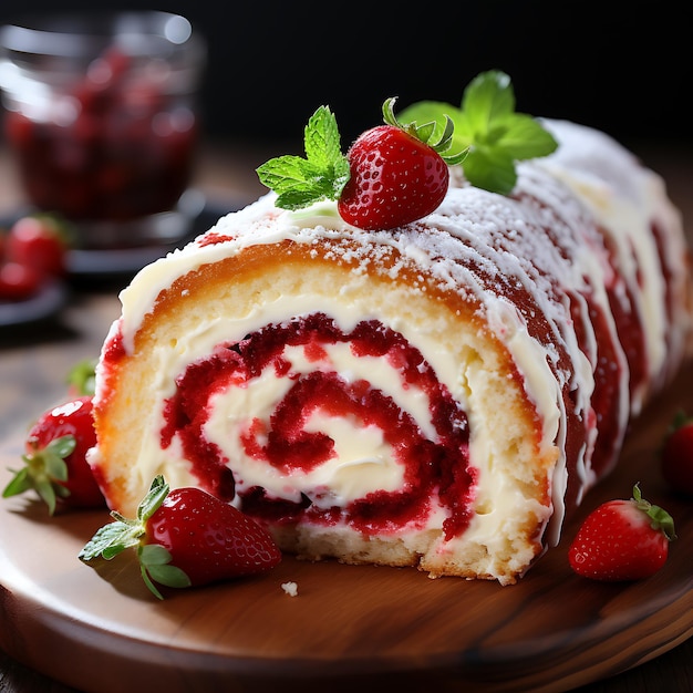 Pastel de terciopelo rojo con crema y fresas frescas sobre fondo claro