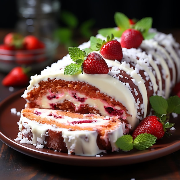 Pastel de terciopelo rojo con crema y fresas frescas sobre fondo claro