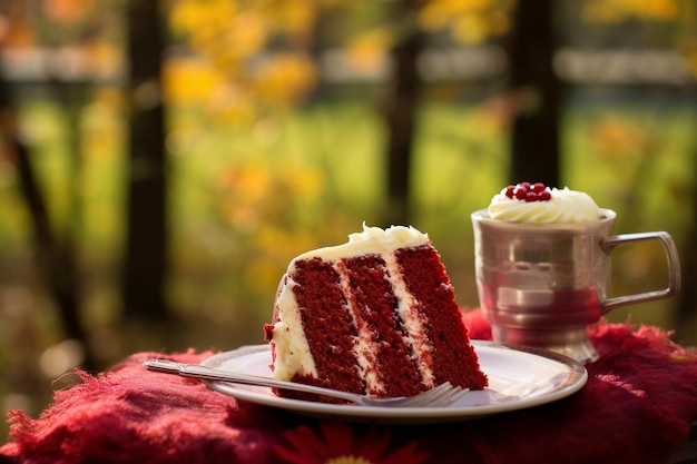 Un pastel de terciopelo rojo disfrutado por un grupo diverso de personas en una fiesta o reunión