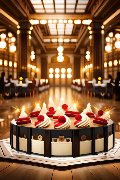 Un pastel con terciopelo rojo encima está en un restaurante.