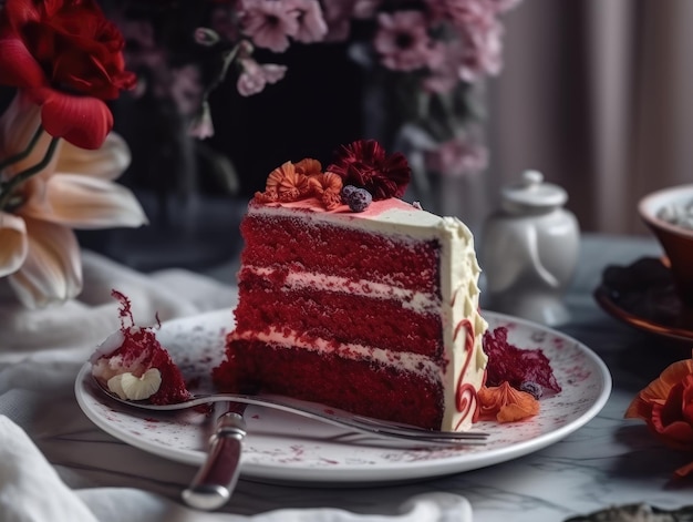 Pastel de terciopelo rojo fresco con crema sabrosa IA generativa