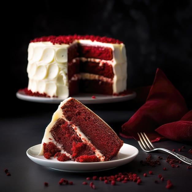 Pastel de terciopelo rojo generado por IA sobre un fondo negro que tonifica el enfoque selectivo