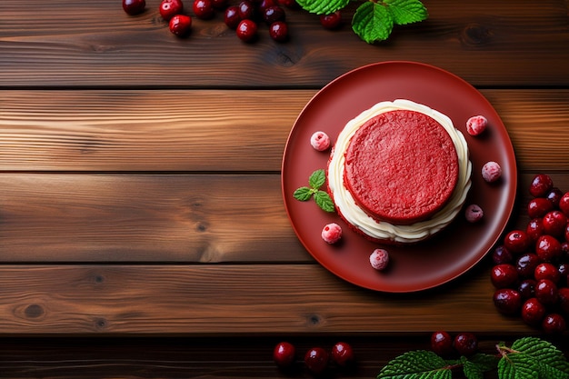 Pastel de terciopelo rojo en mesa de madera estilo minimalista vista superior foto realista generada por IA