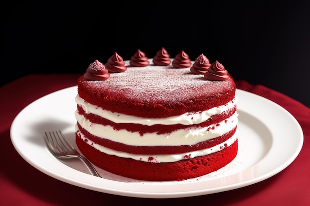 Un pastel de terciopelo rojo con relleno de crema y un tenedor plateado en un plato.